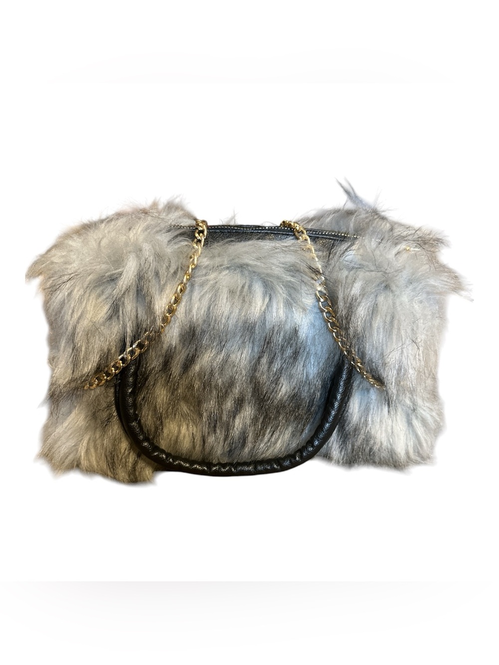 Gray Faux Fur and Faux Leather Shoulder Bag with Removable Gold Chain.